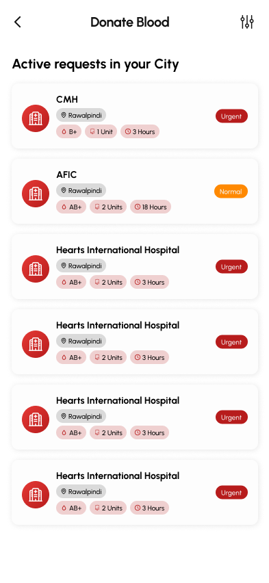 Donate Pulse active blood requests screen